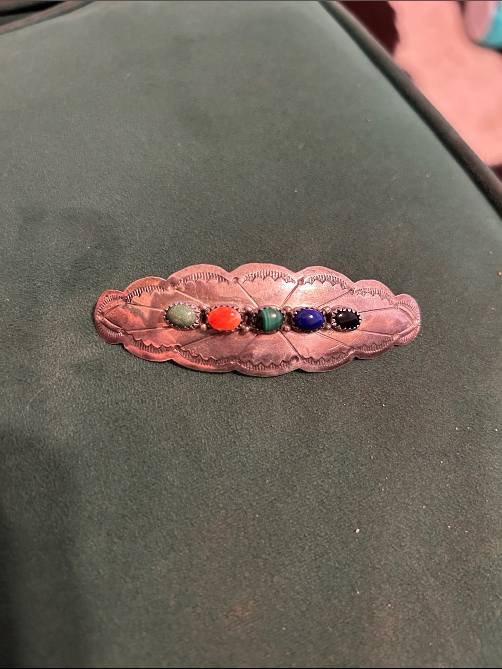 Multi-Stone Silver-Tone native american Bar Brooch in Green, Orange, Blue, Blac